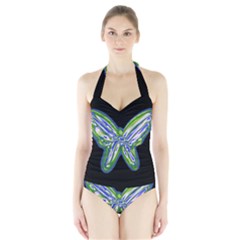 Green Neon Butterfly Halter Swimsuit by Valentinaart