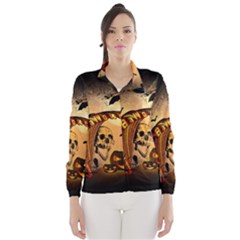 Halloween, Funny Pumpkin With Skull And Spider In The Night Wind Breaker (women) by FantasyWorld7