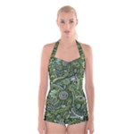 Green Boho Flower Pattern Zz0105  Boyleg Halter Swimsuit 