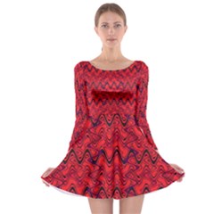 Red Wavey Squiggles Long Sleeve Skater Dress by BrightVibesDesign