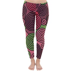 Red And Green Hypnoses Winter Leggings  by Valentinaart