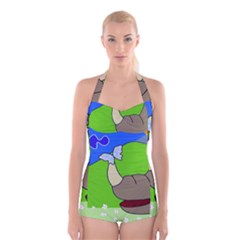 Butterfly And Rhino Boyleg Halter Swimsuit  by Valentinaart