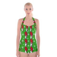 Christmas Pattern - Green Boyleg Halter Swimsuit  by Valentinaart