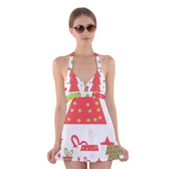 Christmas Design - Green And Red Halter Swimsuit Dress by Valentinaart