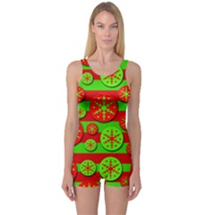 Snowflake Red And Green Pattern One Piece Boyleg Swimsuit by Valentinaart