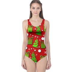 Christmas Trees And Gifts Pattern One Piece Swimsuit by Valentinaart