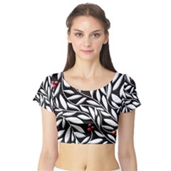 Black, Red, And White Floral Pattern Short Sleeve Crop Top (tight Fit) by Valentinaart