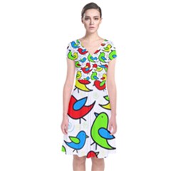 Colorful Cute Birds Pattern Short Sleeve Front Wrap Dress by Valentinaart