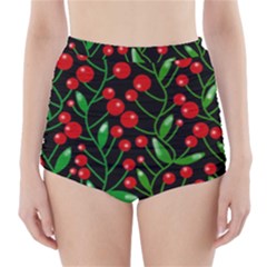 Red Christmas Berries High-waisted Bikini Bottoms by Valentinaart