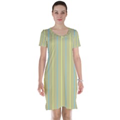 Summer Sand Color Blue And Yellow Stripes Pattern Short Sleeve Nightdress