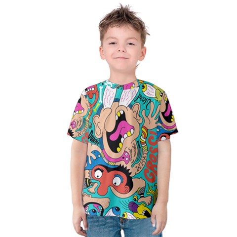Cartoons Funny Face Patten Kids  Cotton Tee by AnjaniArt