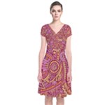 Pink Yellow Hippie Flower Pattern Zz0106 Short Sleeve Front Wrap Dress
