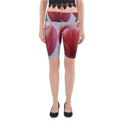 Red - White Tulip Flower Yoga Cropped Leggings by picsaspassion