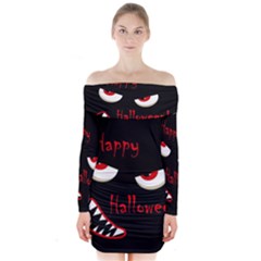 Happy Halloween - Red Eyes Monster Long Sleeve Off Shoulder Dress by Valentinaart