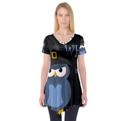 Halloween Witch - Blue Owl Short Sleeve Tunic  by Valentinaart