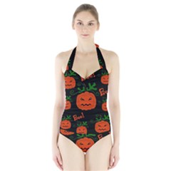 Halloween Pumpkin Pattern Halter Swimsuit by Valentinaart