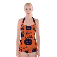 Halloween Black Pumpkins Pattern Boyleg Halter Swimsuit  by Valentinaart