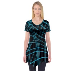 Cyan And Black Warped Lines Short Sleeve Tunic  by Valentinaart