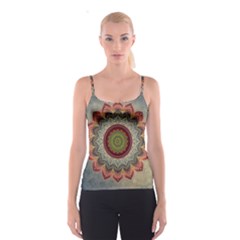 Folk Art Lotus Mandala Dirty Blue Red Spaghetti Strap Top by EDDArt