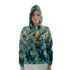 Fractal Batik Art Teal Turquoise Salmon Hooded Wind Breaker (women) by EDDArt