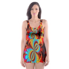 Crazy Mandelbrot Fractal Red Yellow Turquoise Skater Dress Swimsuit by EDDArt