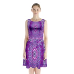 India Ornaments Mandala Pillar Blue Violet Sleeveless Chiffon Waist Tie Dress by EDDArt