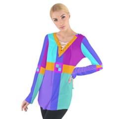 Right Angle Squares Stripes Cross Colored Women s Tie Up Tee by EDDArt