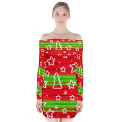 Christmas Pattern Long Sleeve Off Shoulder Dress by Valentinaart