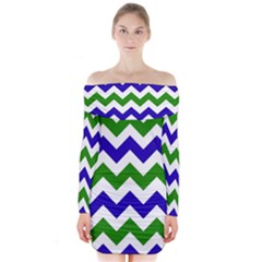 Blue And Green Chevron Pattern Long Sleeve Off Shoulder Dress by AnjaniArt