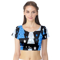 Blue Playful Xmas Short Sleeve Crop Top (tight Fit) by Valentinaart