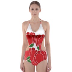 Red Floral Design Cut-out One Piece Swimsuit by Valentinaart