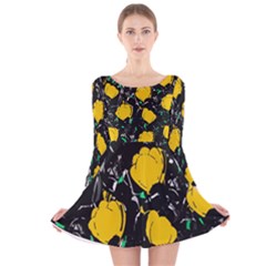 Yellow Roses 2 Long Sleeve Velvet Skater Dress by Valentinaart