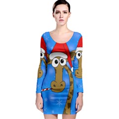 Xmas Giraffe - Blue Long Sleeve Bodycon Dress by Valentinaart