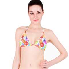 Colorful Pineapples Over A Blue Background Bikini Top by DanaeStudio