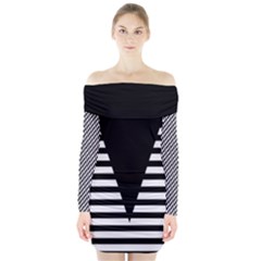 Black & White Stripes Big Triangle Long Sleeve Off Shoulder Dress by EDDArt