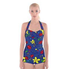 Ladybugs - Blue Boyleg Halter Swimsuit  by Valentinaart