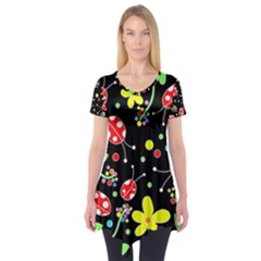 Flowers And Ladybugs Short Sleeve Tunic  by Valentinaart
