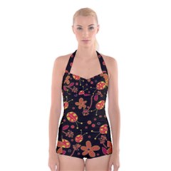 Flowers And Ladybugs 2 Boyleg Halter Swimsuit  by Valentinaart