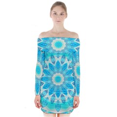 Blue Ice Goddess, Abstract Crystals Of Love Long Sleeve Off Shoulder Dress by DianeClancy