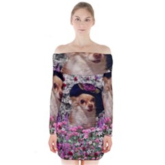 Chi Chi In Flowers, Chihuahua Puppy In Cute Hat Long Sleeve Off Shoulder Dress by DianeClancy