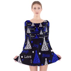 New Year Pattern - Blue Long Sleeve Velvet Skater Dress by Valentinaart