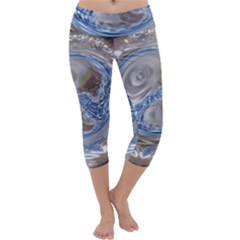 Silver Gray Blue Geometric Art Circle Capri Yoga Leggings by yoursparklingshop