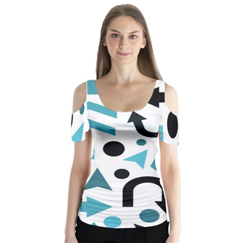 Cyan Direction Pattern Butterfly Sleeve Cutout Tee  by Valentinaart