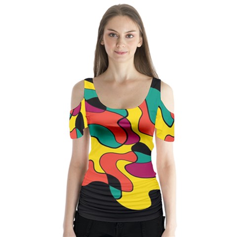 Colorful Spot Butterfly Sleeve Cutout Tee  by Valentinaart