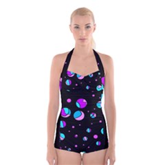 Blue And Purple Dots Boyleg Halter Swimsuit  by Valentinaart