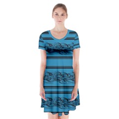 Blue Barbwire Short Sleeve V-neck Flare Dress by Valentinaart