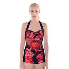 Red Flower  Boyleg Halter Swimsuit  by Brittlevirginclothing