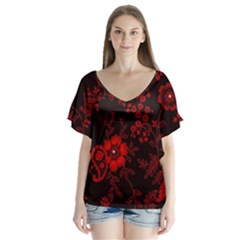 Small Red Roses Flutter Sleeve Top by Brittlevirginclothing