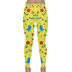 Yellow Cute Birds And Flowers Pattern Classic Yoga Leggings by Valentinaart