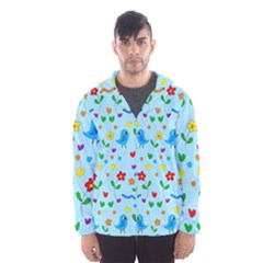 Blue Cute Birds And Flowers  Hooded Wind Breaker (men) by Valentinaart